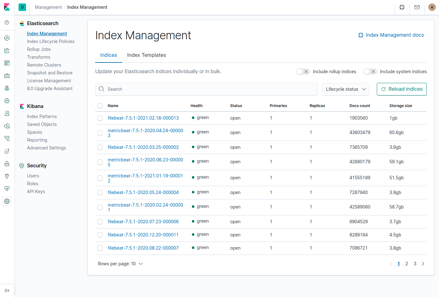 elasticsearch index management from kibana